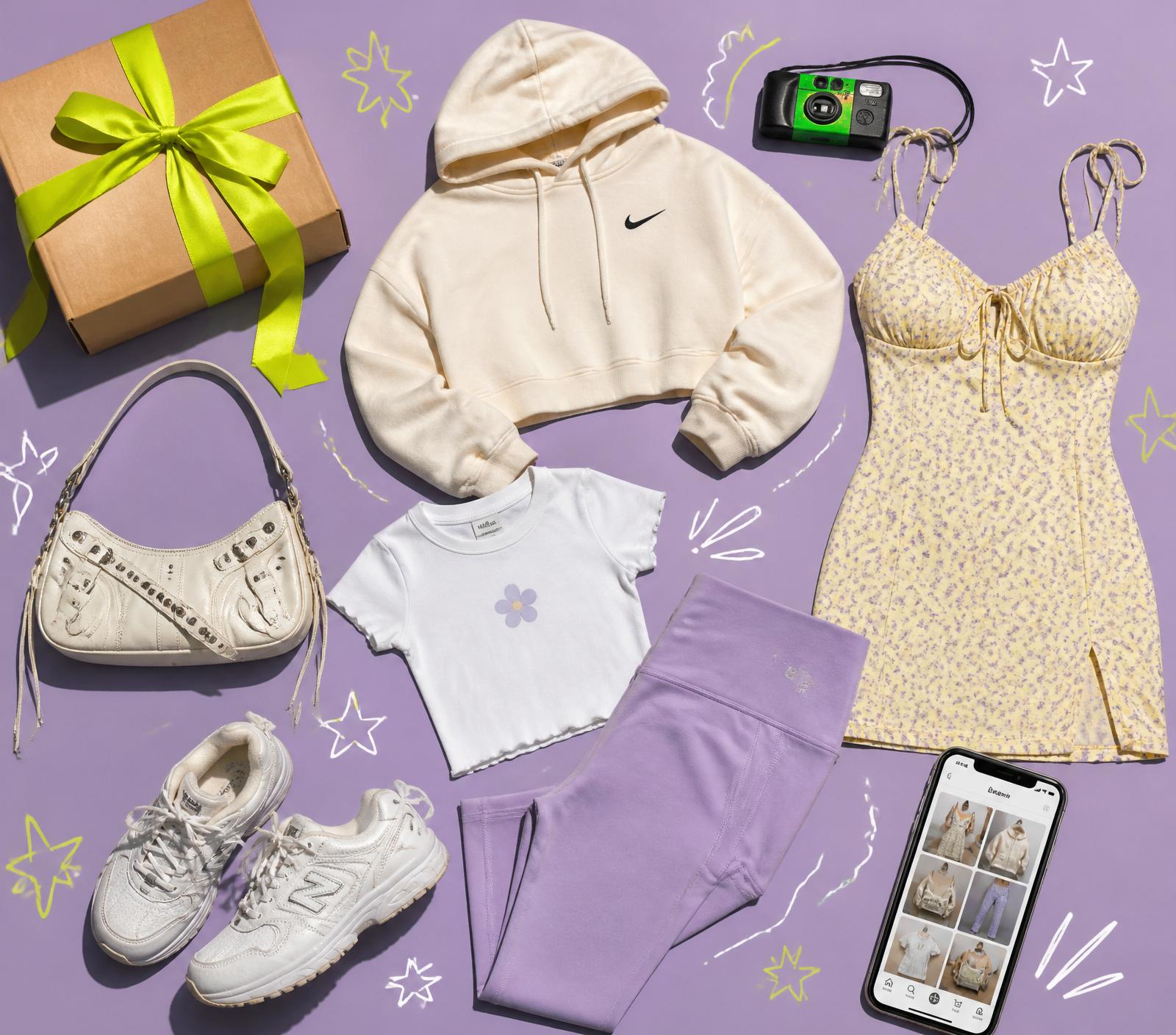 Neatly folded lavender leggings, cream hoodie, sneakers and a ribboned shipping box